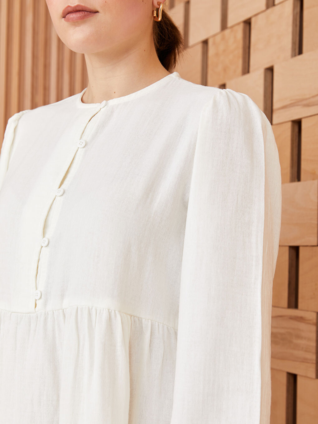 Ekru Bisiklet Yaka Düz Uzun Kollu Kadın Elbise-3