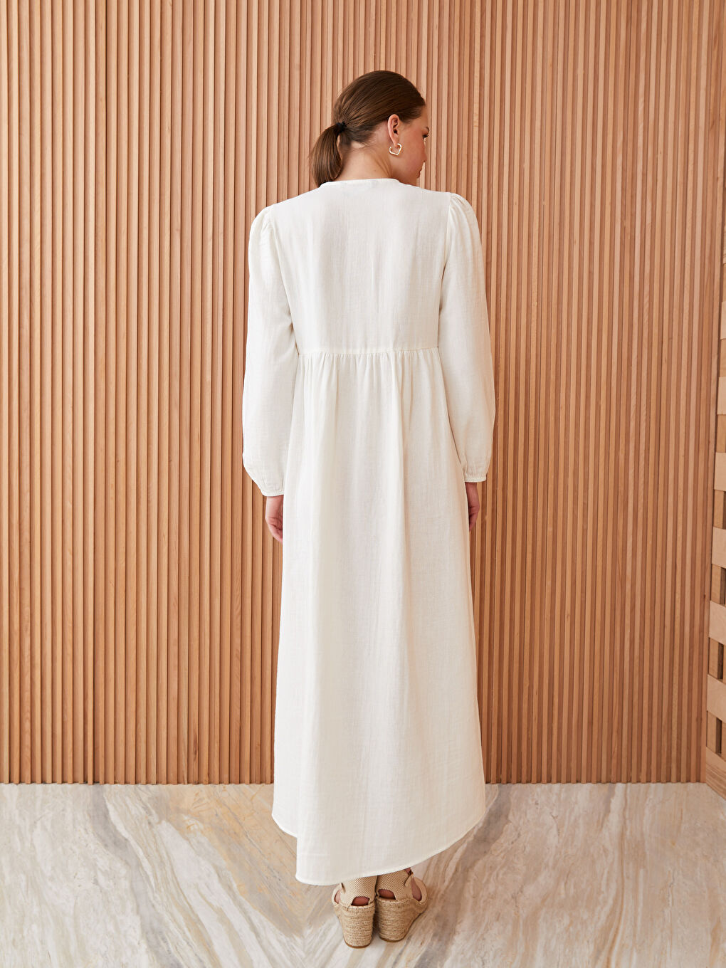 Ekru Bisiklet Yaka Düz Uzun Kollu Kadın Elbise-4