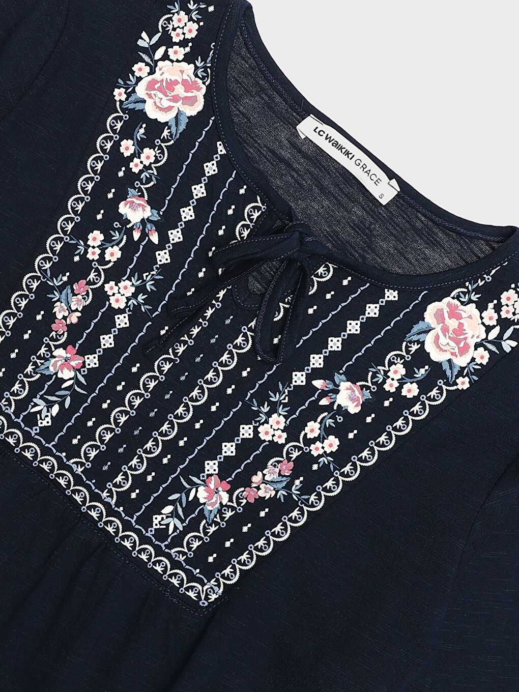 Tie Neck Patterned Long Sleeve Women's Blouse-3