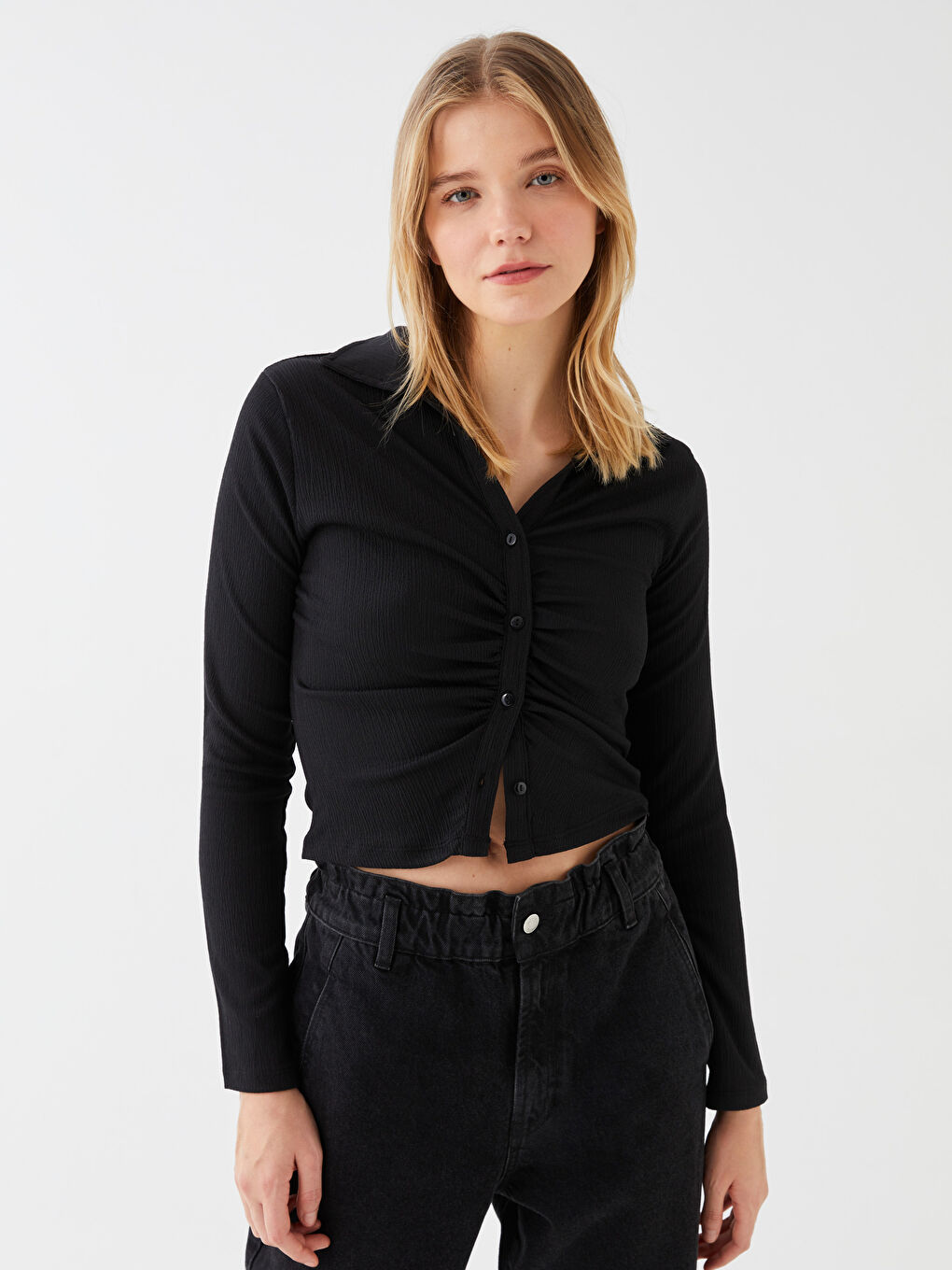 Chemise Coupe Courte à Manches Longues Unie pour Femmes