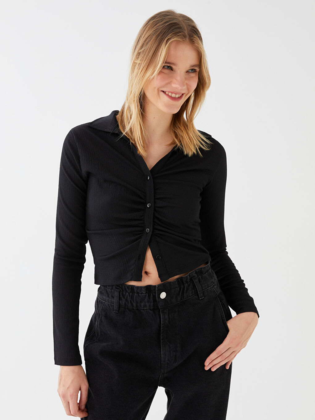 Chemise Coupe Courte à Manches Longues Unie pour Femmes-1