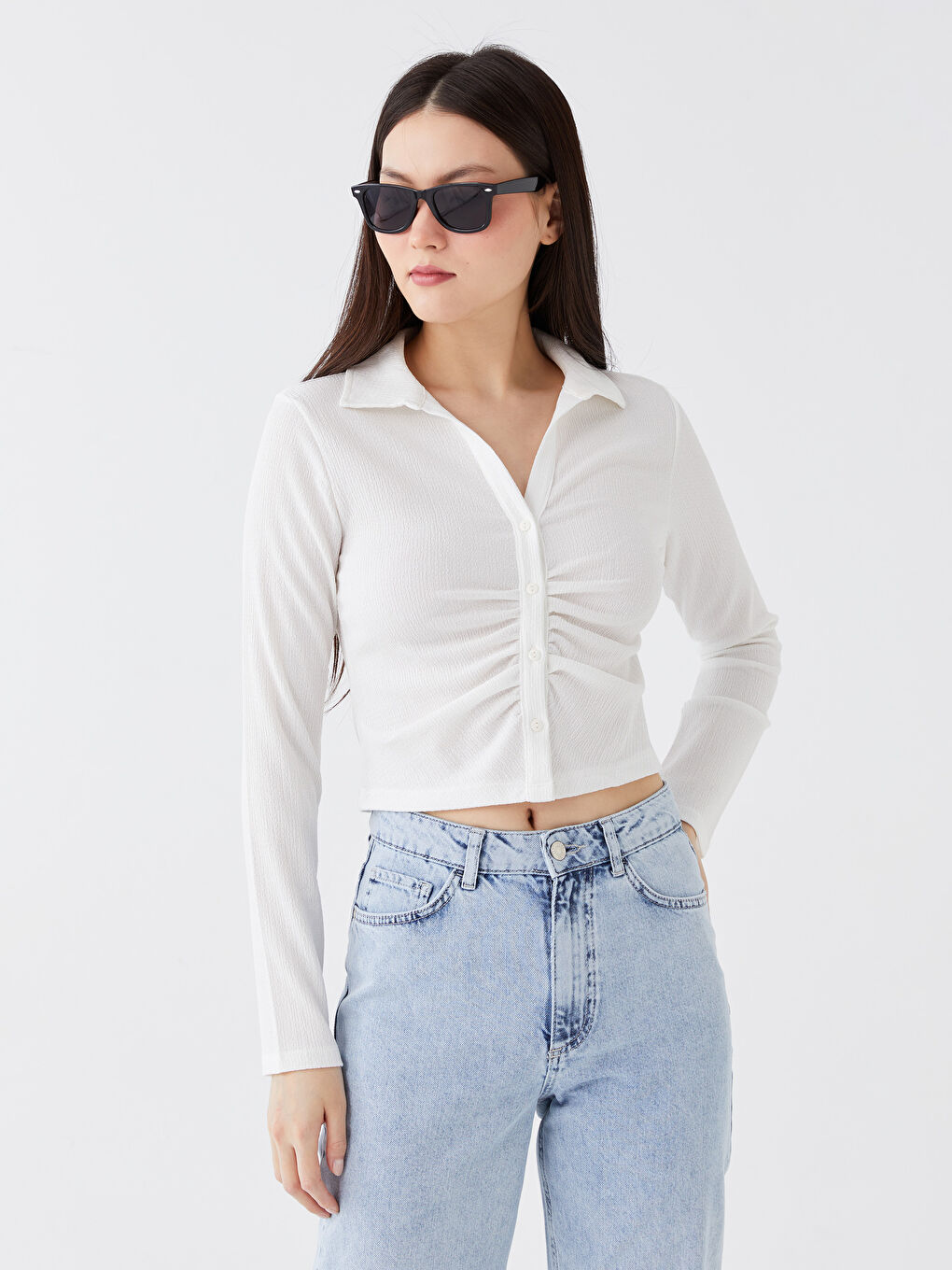Plain Long Sleeve Crop Women's Shirt