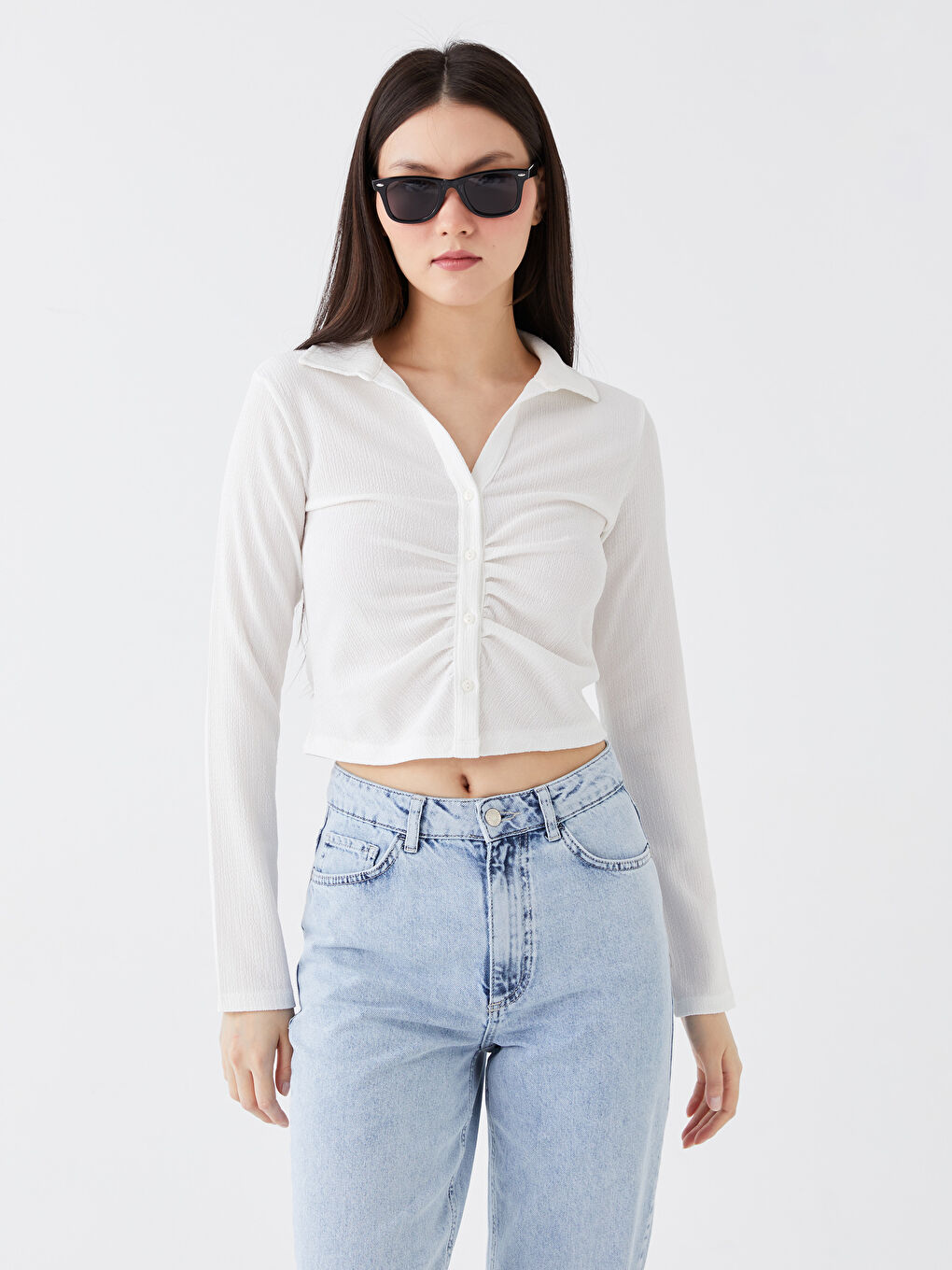 Plain Long Sleeve Crop Women's Shirt-1
