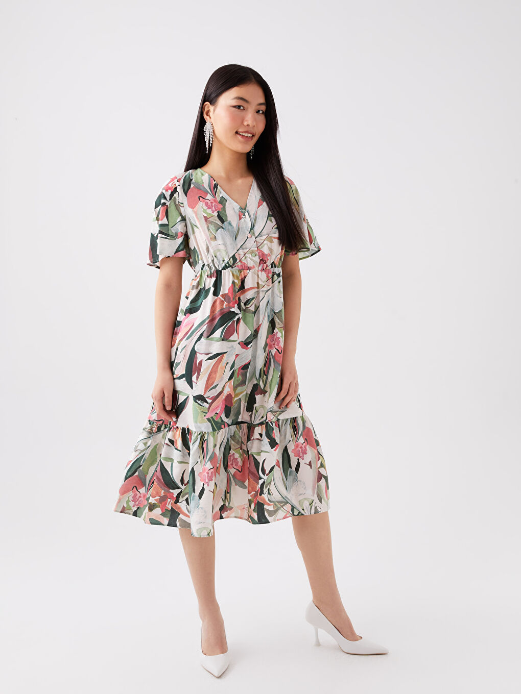 Rochie pentru Femei cu Decolteu în V, Imprimată, Mânecă Scurtă, Croială A