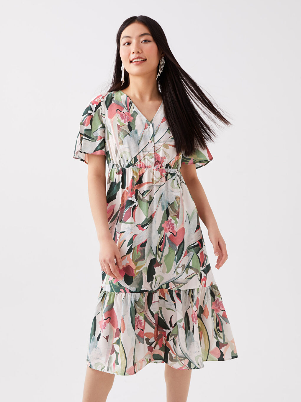 Rochie pentru Femei cu Decolteu în V, Imprimată, Mânecă Scurtă, Croială A-1