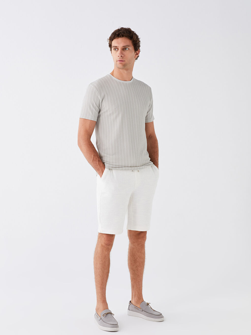 Ekru Standart Kalıp Beli Bağlama Detaylı Erkek Şort-1