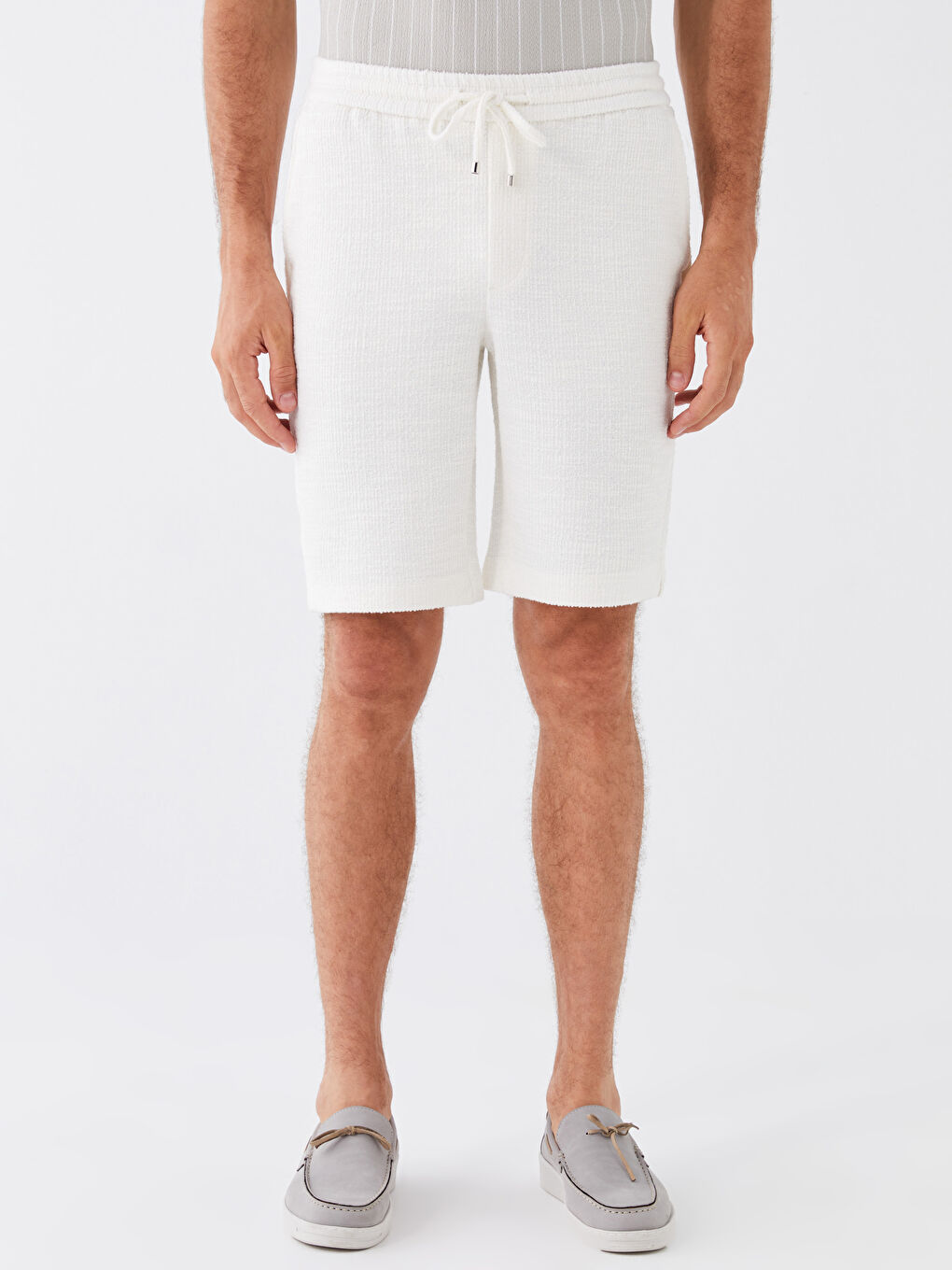 Ekru Standart Kalıp Beli Bağlama Detaylı Erkek Şort-2