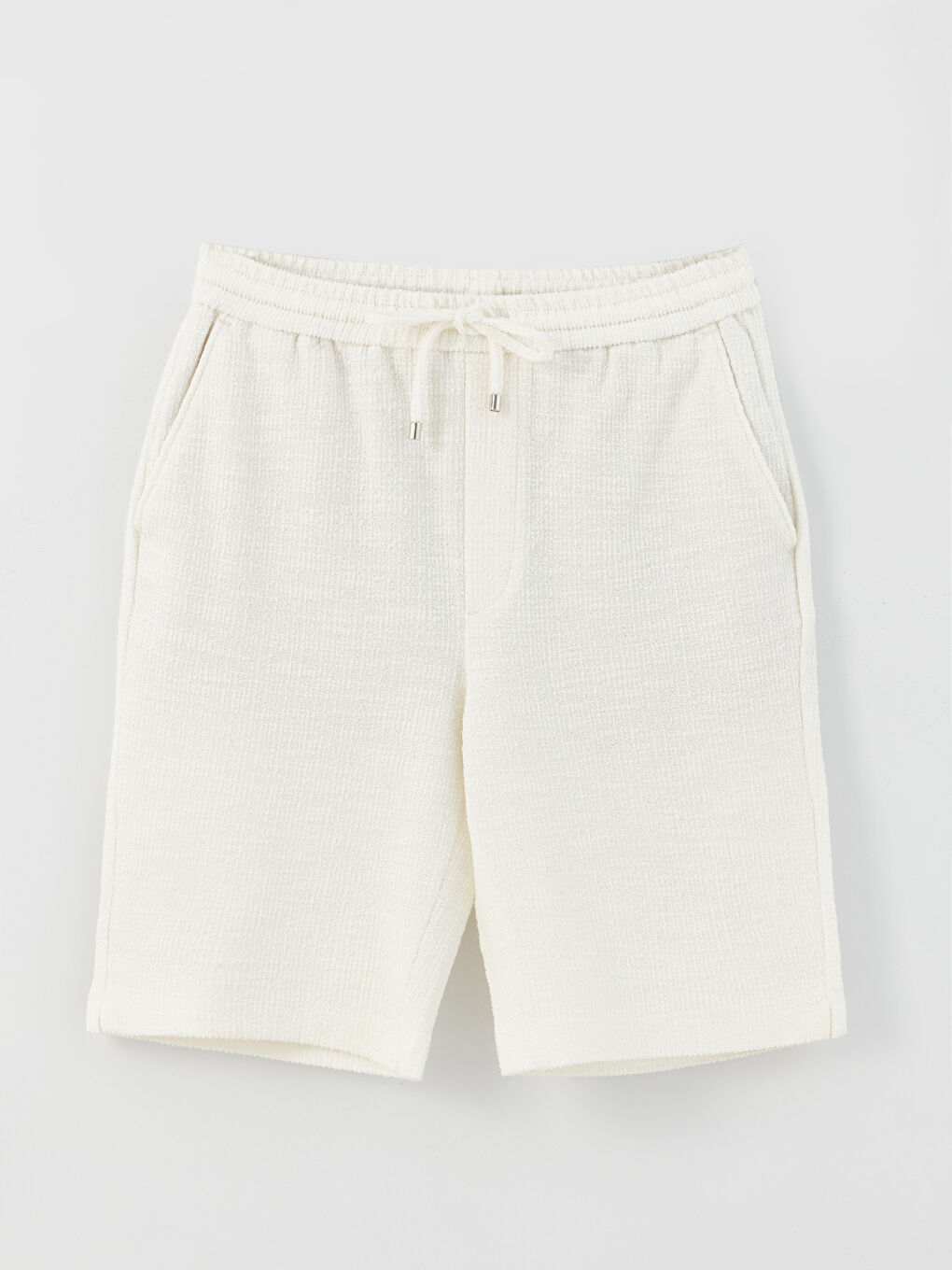 Ekru Standart Kalıp Beli Bağlama Detaylı Erkek Şort-5