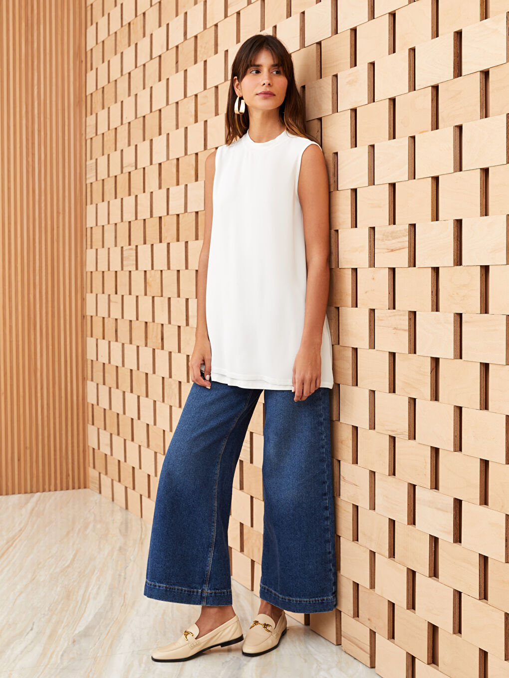 Ekru Kadın Bisiklet Yaka Düz Atlet-2