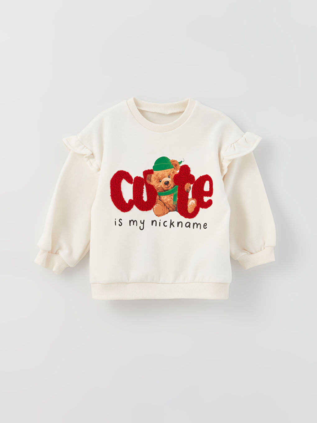 Ekru Bisiklet Yaka Uzun Kollu Kız Bebek Sweatshirt