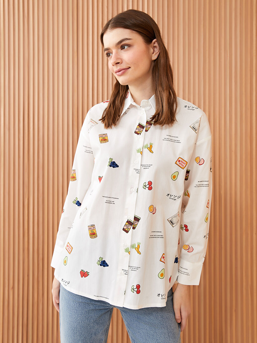 Beyaz Desenli Poplin Kadın Gömlek Tunik