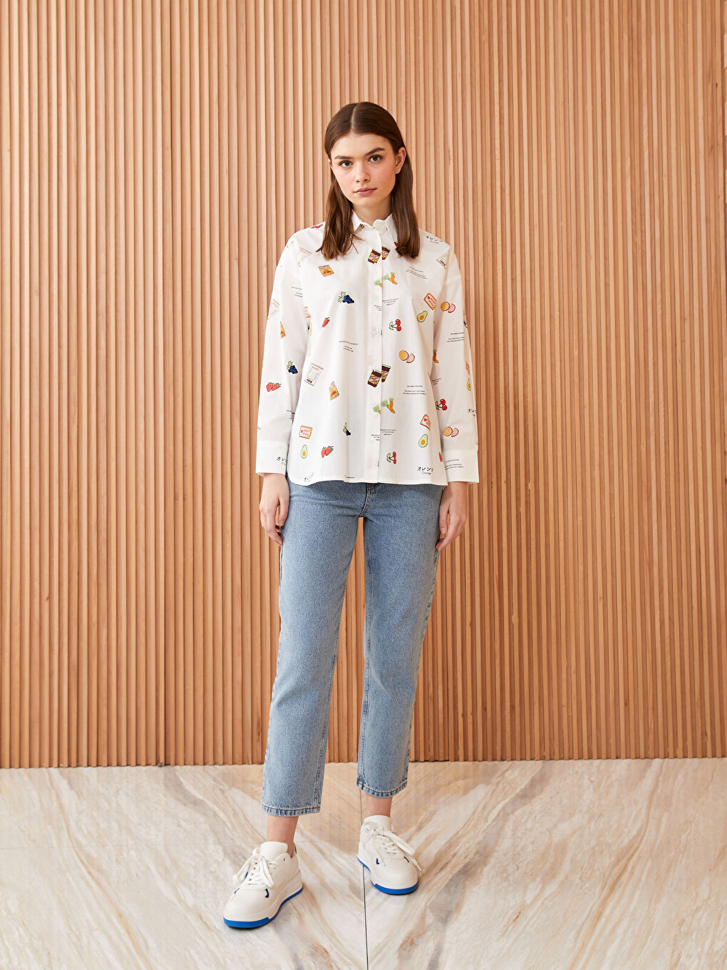 Beyaz Desenli Poplin Kadın Gömlek Tunik-2