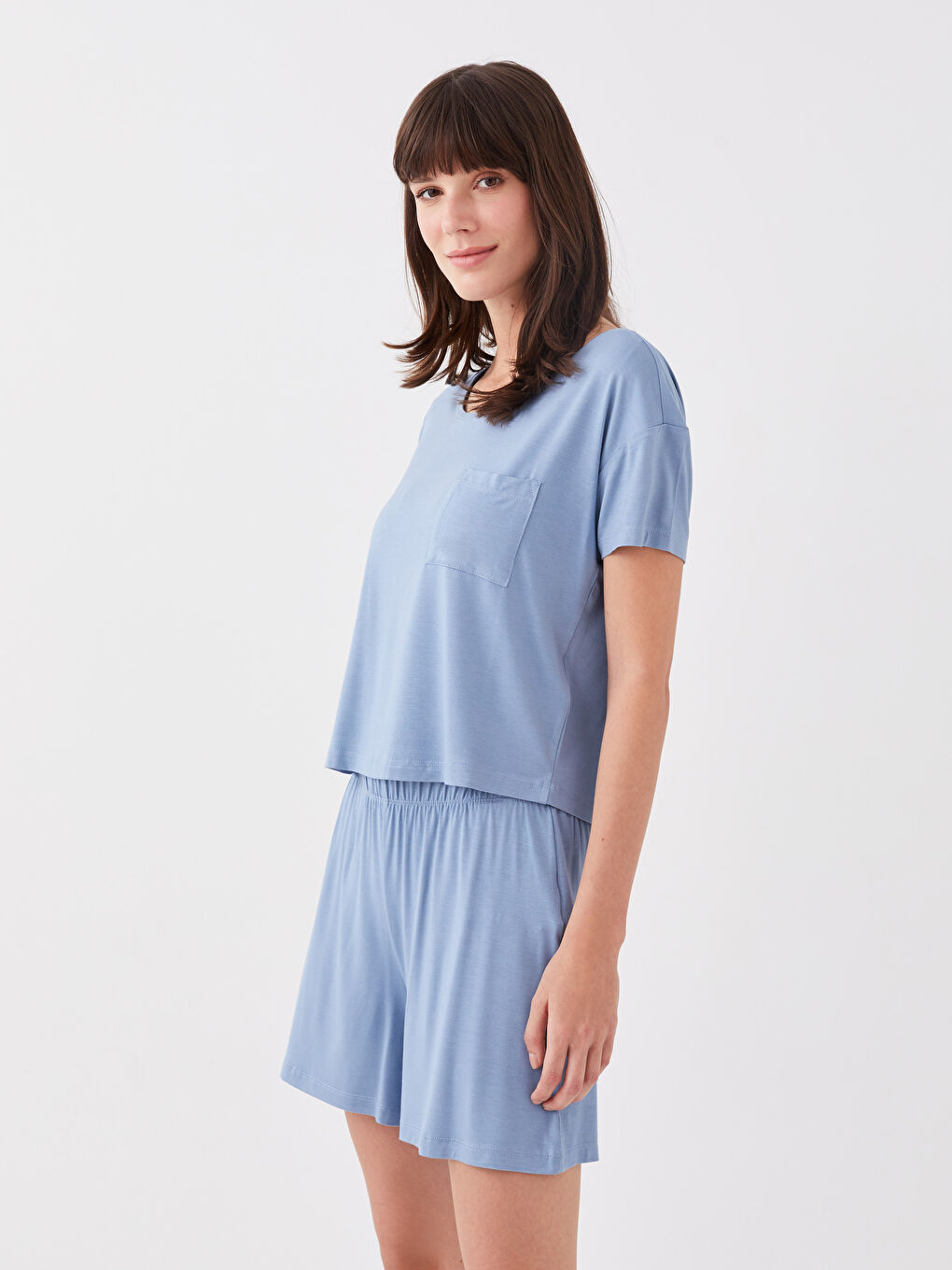 Mavi Bisiklet Yaka Düz Kısa Kollu Kadın Şortlu Pijama Takımı-2