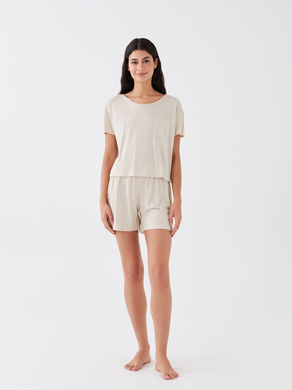 Bej Bisiklet Yaka Düz Kısa Kollu Kadın Şortlu Pijama Takımı-2