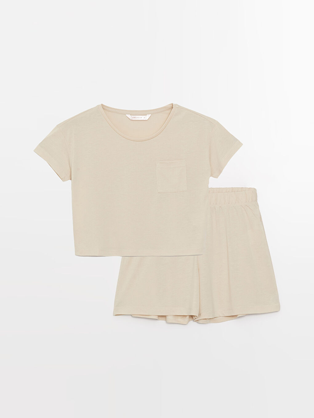 Bej Bisiklet Yaka Düz Kısa Kollu Kadın Şortlu Pijama Takımı-5