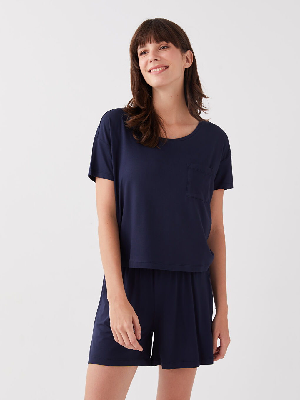 Lacivert Bisiklet Yaka Düz Kısa Kollu Kadın Şortlu Pijama Takımı