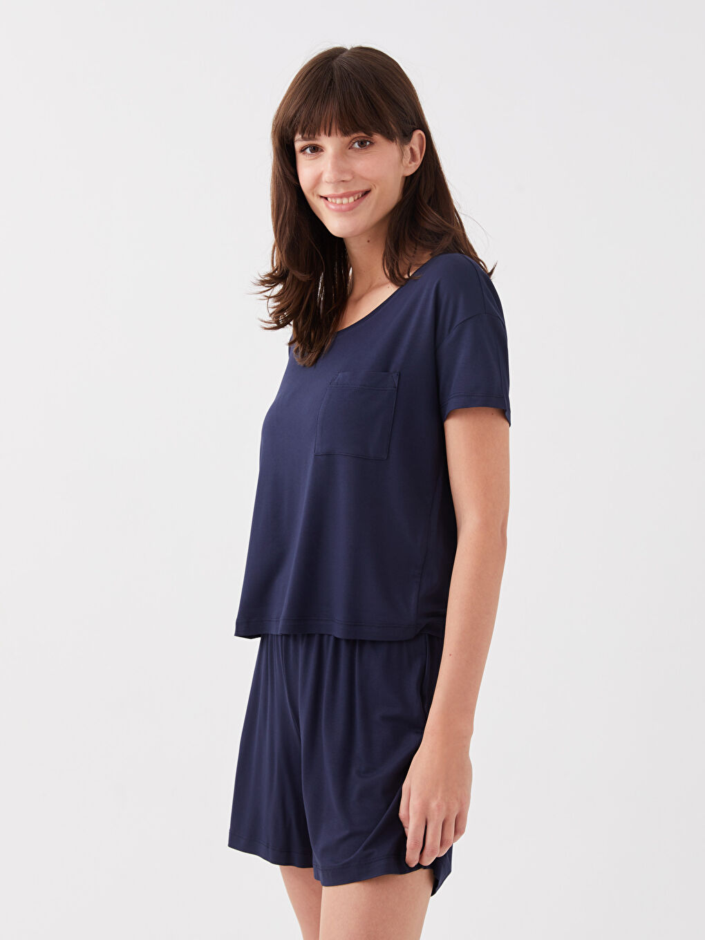 Lacivert Bisiklet Yaka Düz Kısa Kollu Kadın Şortlu Pijama Takımı-1