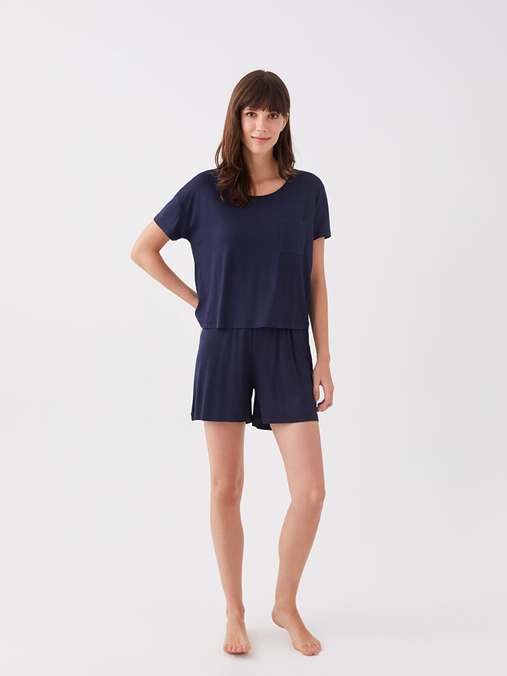 Lacivert Bisiklet Yaka Düz Kısa Kollu Kadın Şortlu Pijama Takımı-2