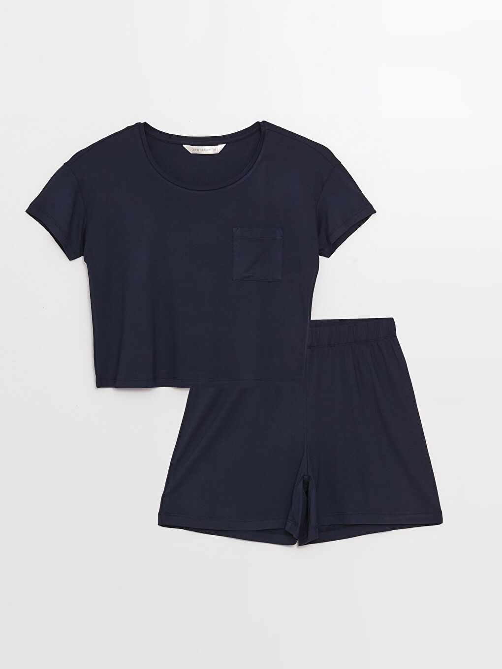 Lacivert Bisiklet Yaka Düz Kısa Kollu Kadın Şortlu Pijama Takımı-5