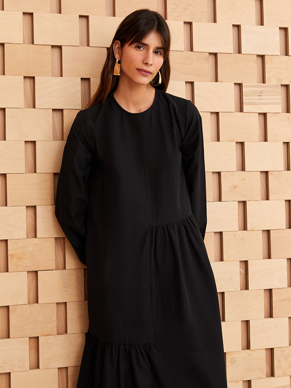 Siyah Bisiklet Yaka Düz Uzun Kollu Poplin Kadın Elbise-2