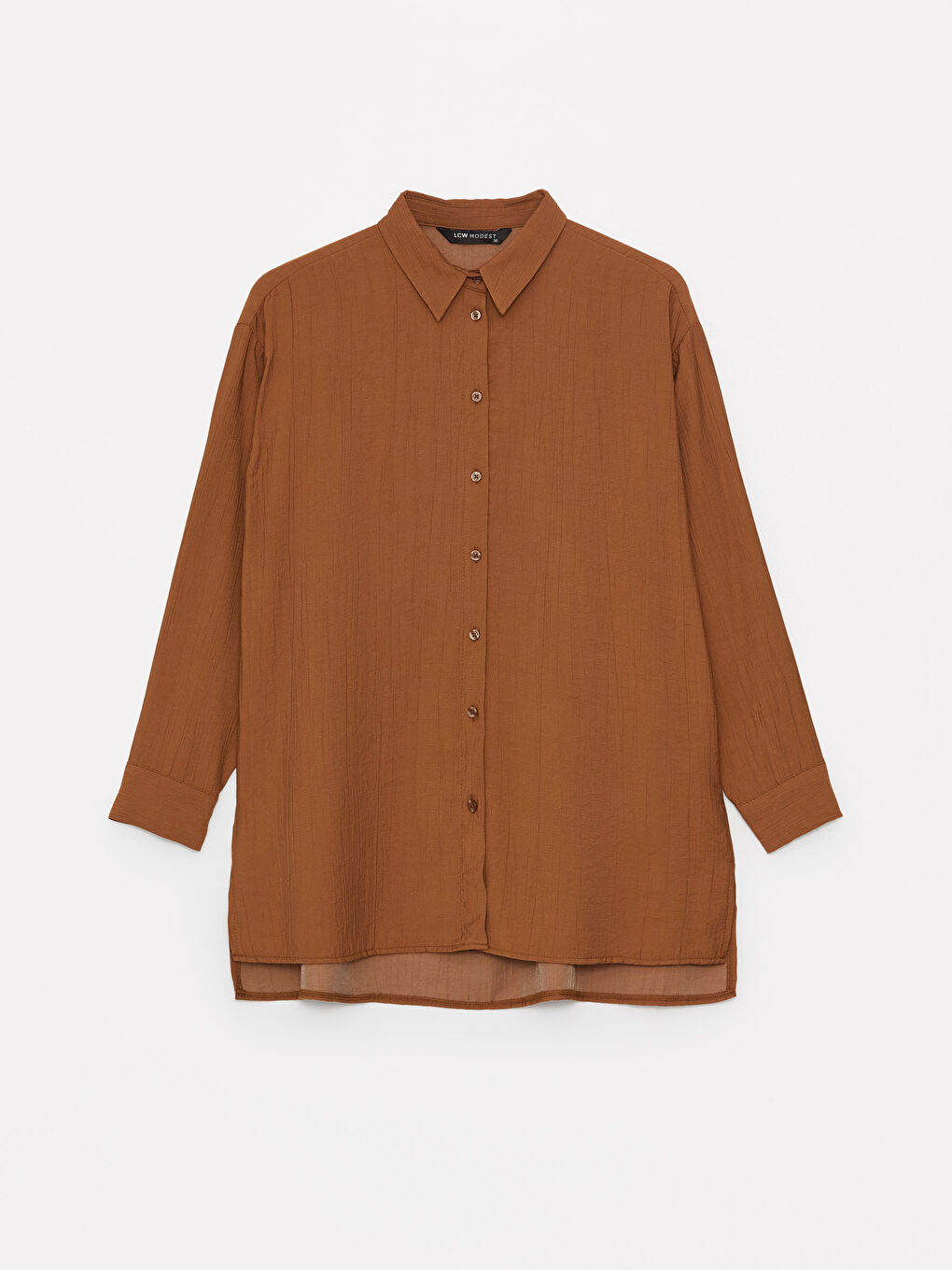 Kahverengi Düz Uzun Kollu Oversize Kadın Gömlek Tunik-5