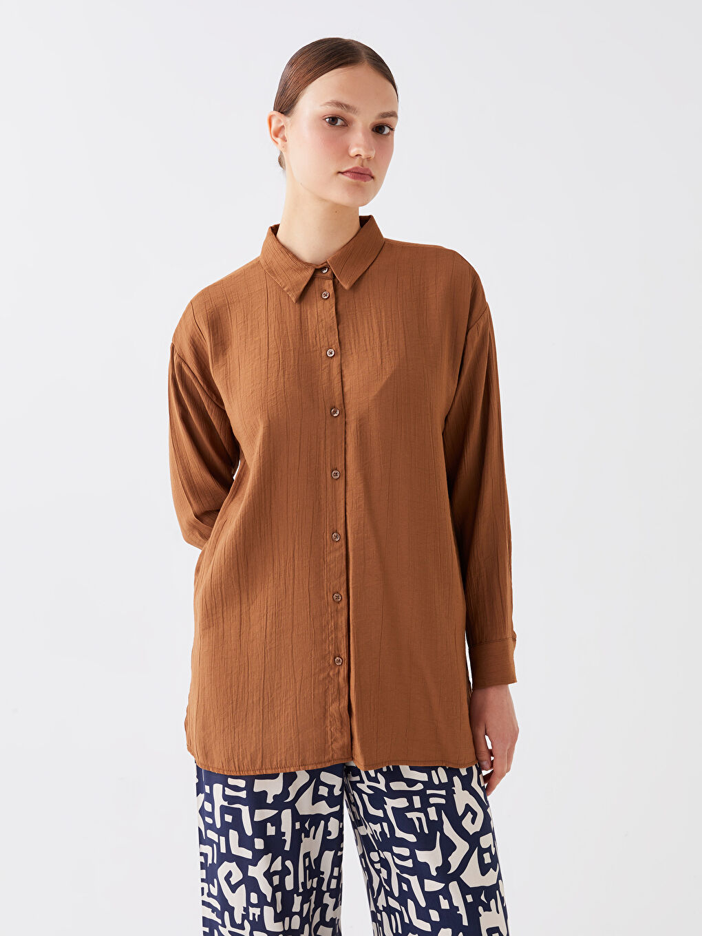 Kahverengi Düz Uzun Kollu Oversize Kadın Gömlek Tunik-1