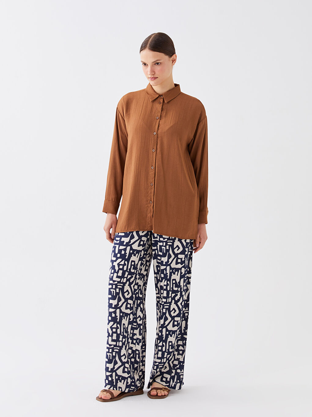 Kahverengi Düz Uzun Kollu Oversize Kadın Gömlek Tunik-2