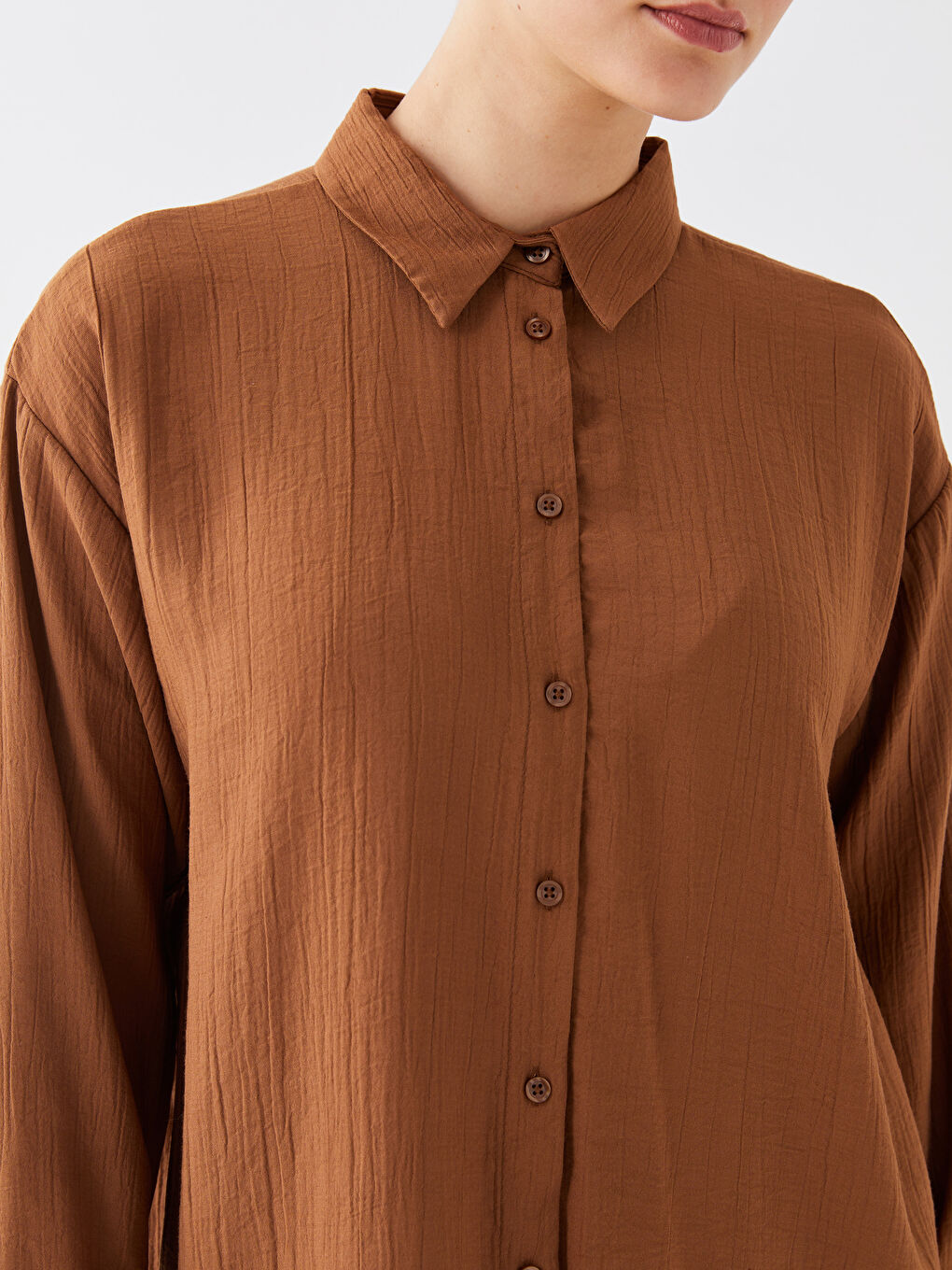 Kahverengi Düz Uzun Kollu Oversize Kadın Gömlek Tunik-3