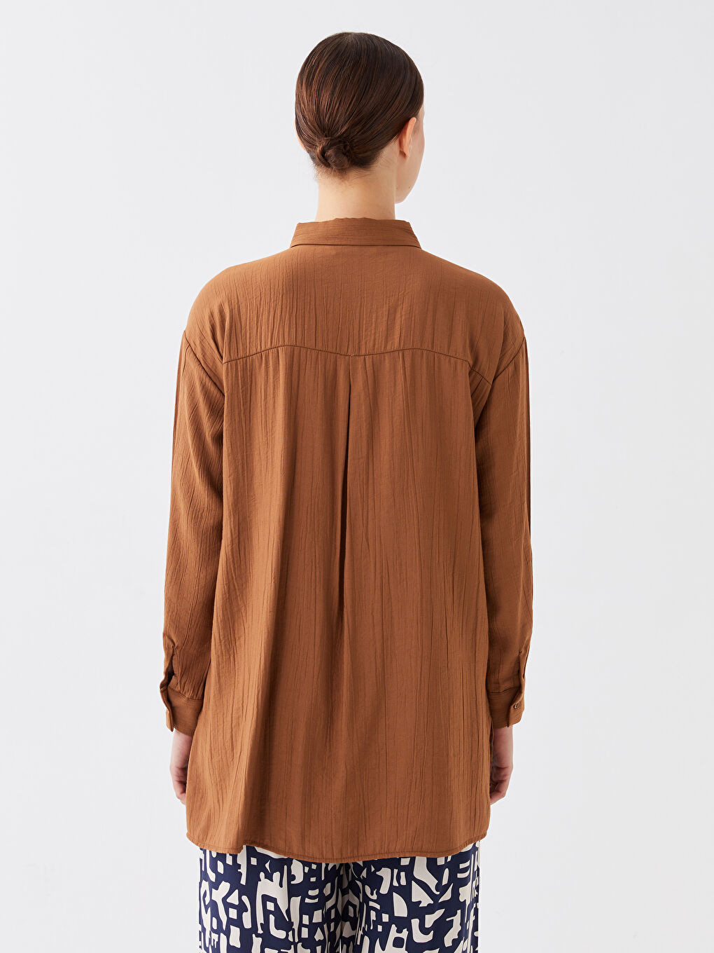 Kahverengi Düz Uzun Kollu Oversize Kadın Gömlek Tunik-4