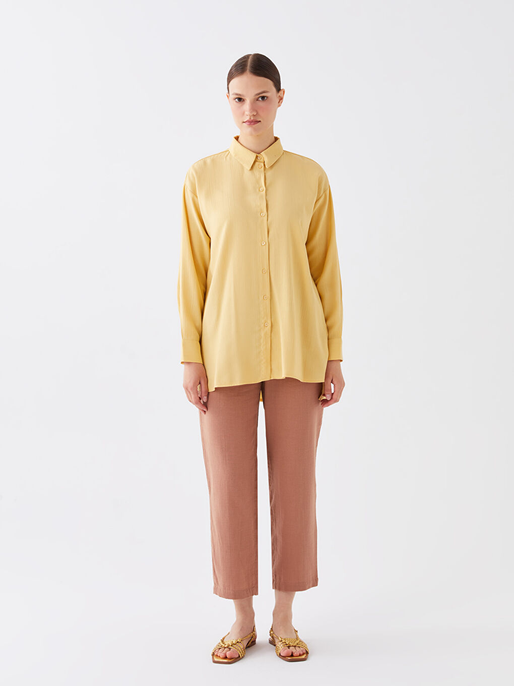 Sarı Düz Uzun Kollu Oversize Kadın Gömlek Tunik-2