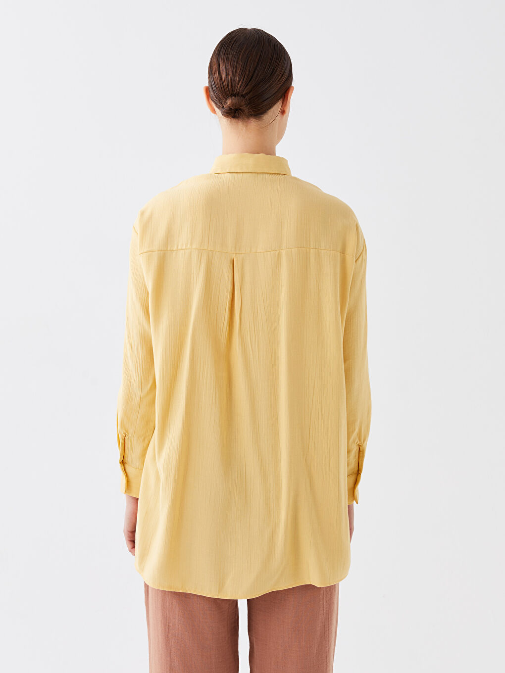 Sarı Düz Uzun Kollu Oversize Kadın Gömlek Tunik-4