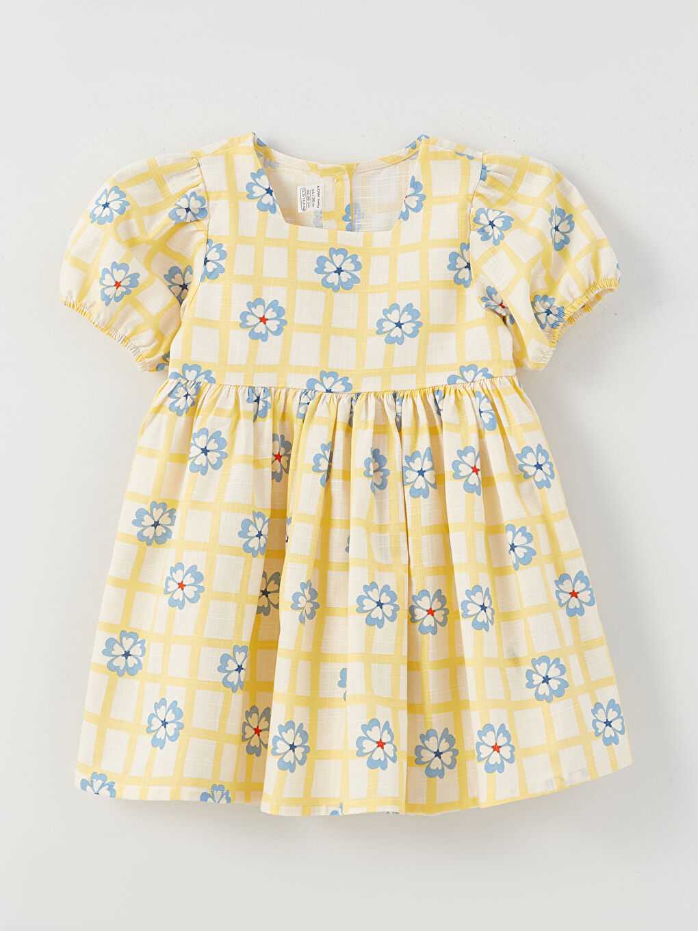 Floral Patterned Square Collar Short Sleeve Baby Girls' Dress