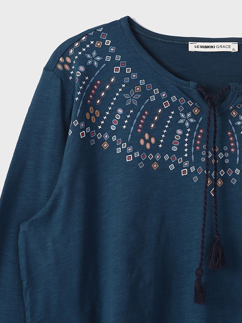 Tie Neck Patterned Long Sleeve Women's Blouse-3