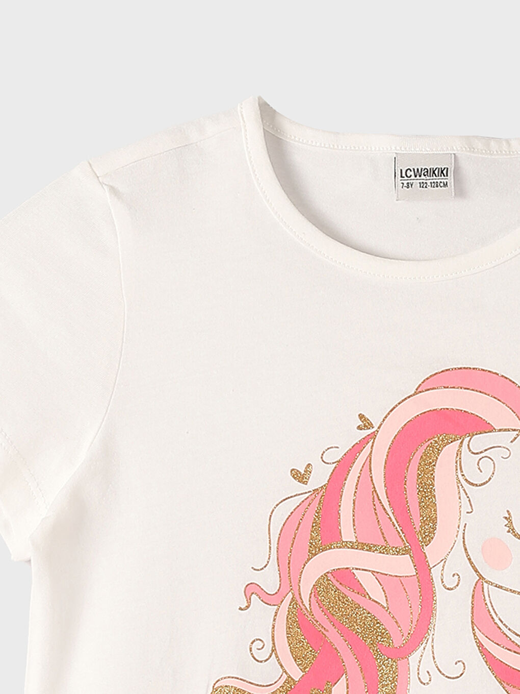 تيشيرت للبنات بياقة دائرية مطبوع كم قصير-1
