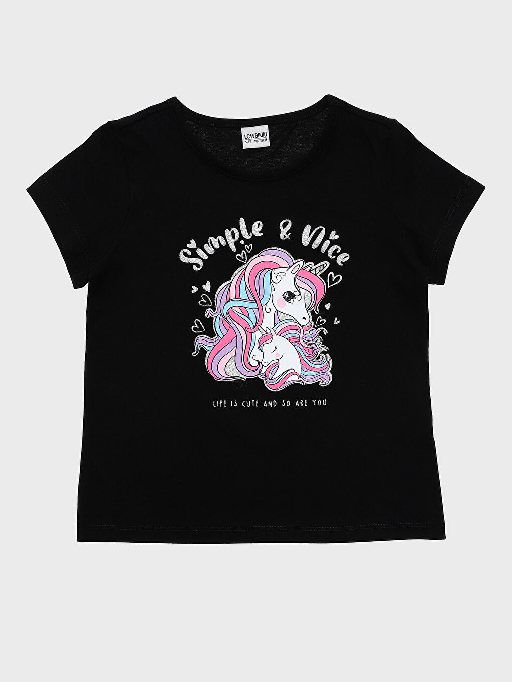 تيشيرت للبنات بياقة دائرية مطبوع كم قصير