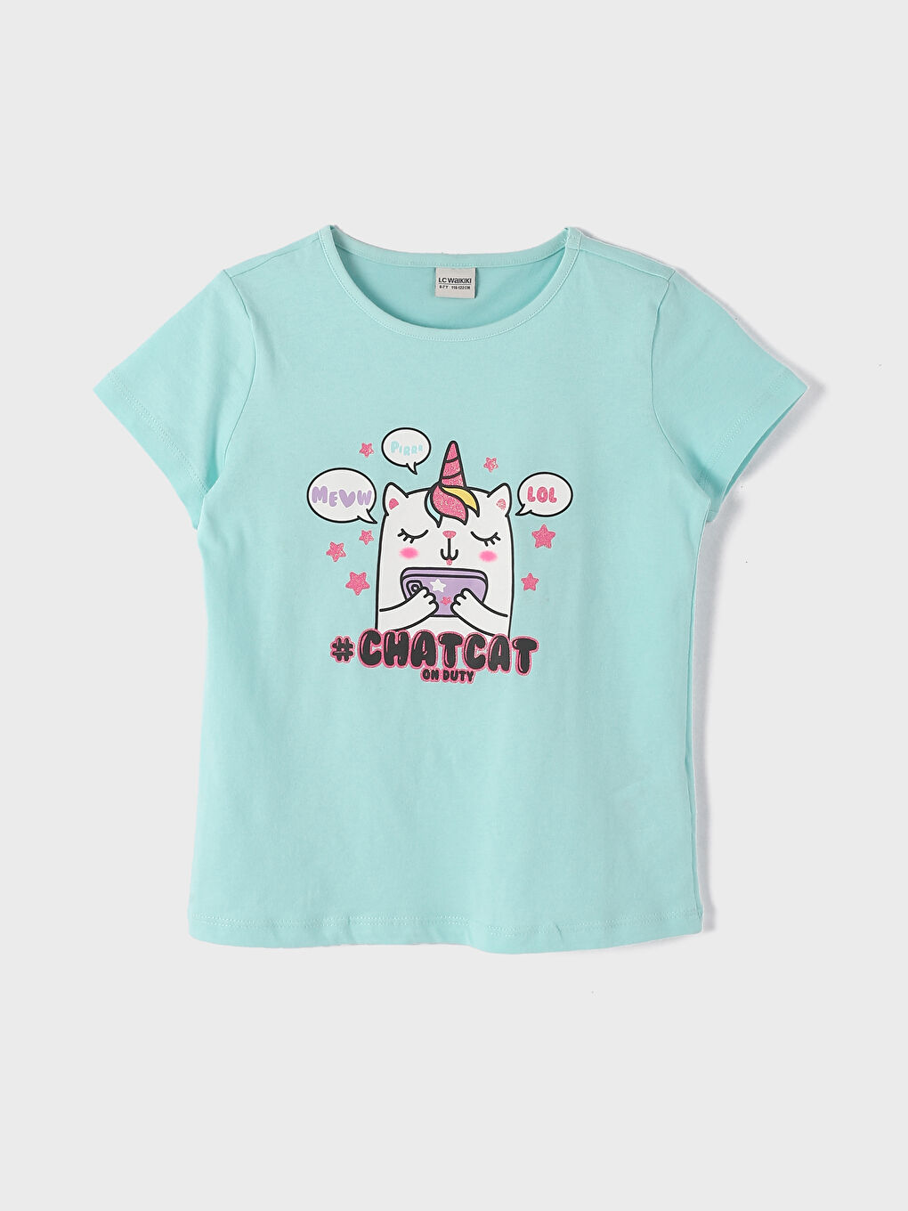 تيشيرت للبنات بياقة دائرية مطبوع كم قصير