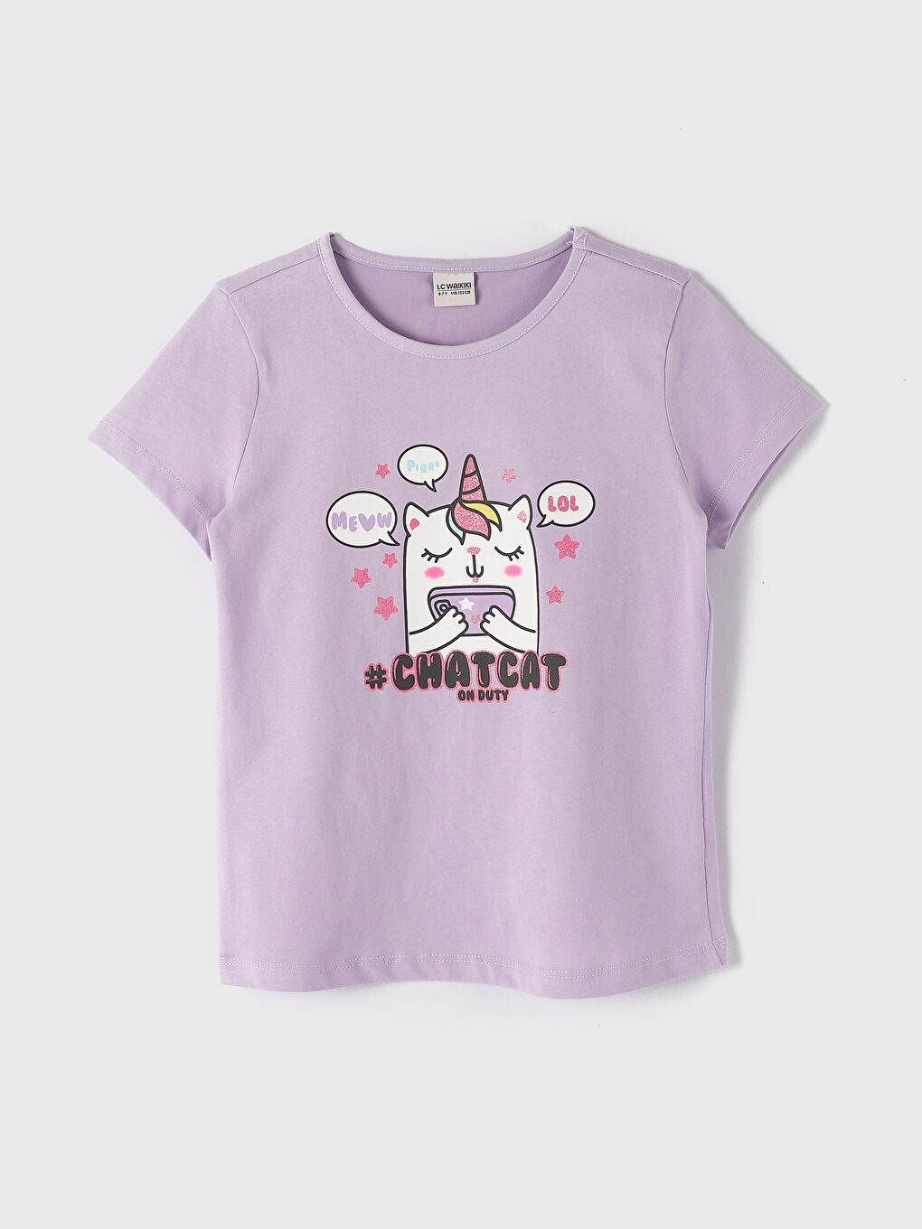 تيشيرت للبنات بياقة دائرية مطبوع كم قصير