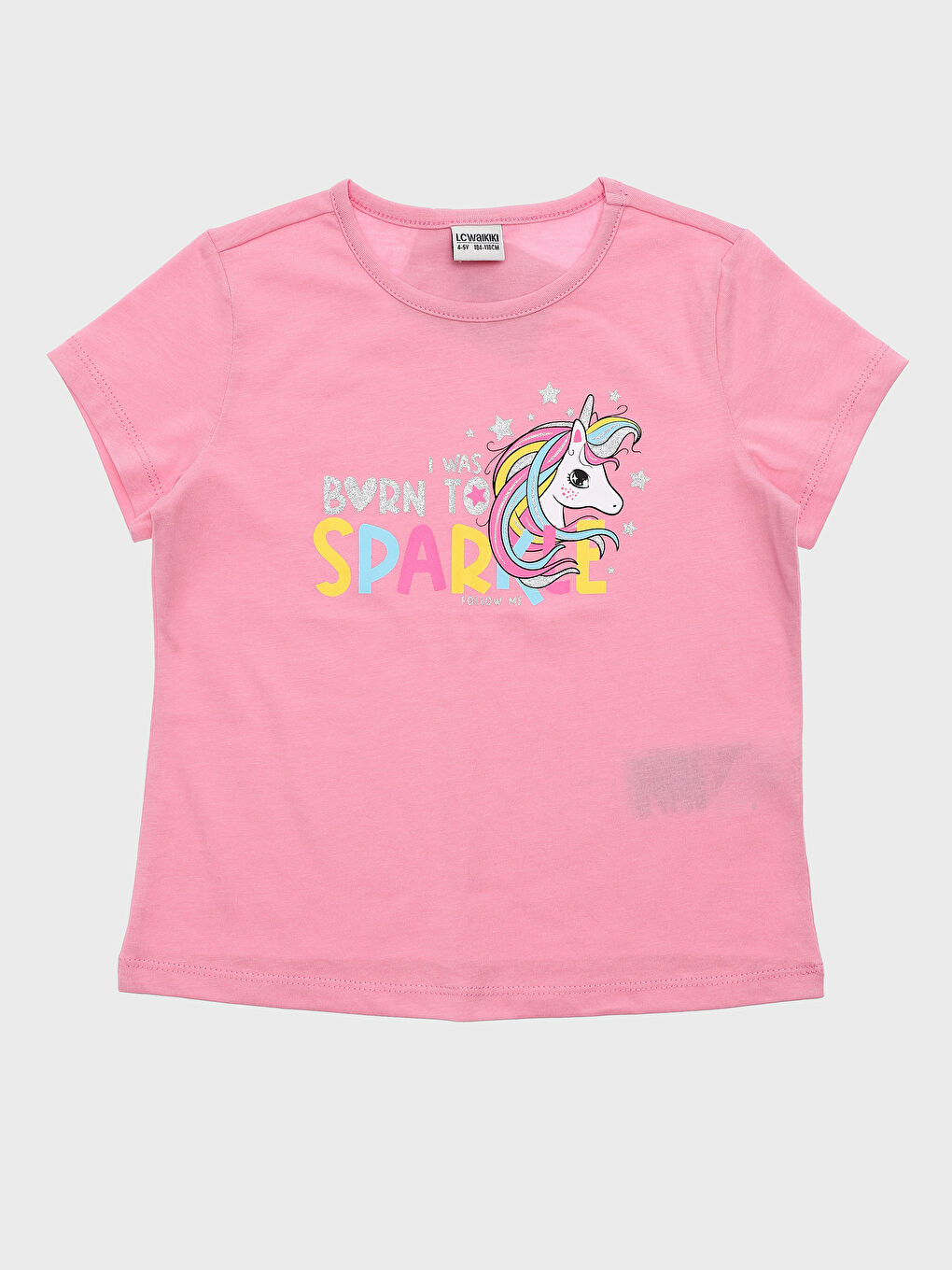 تيشيرت للبنات بياقة دائرية مطبوع كم قصير