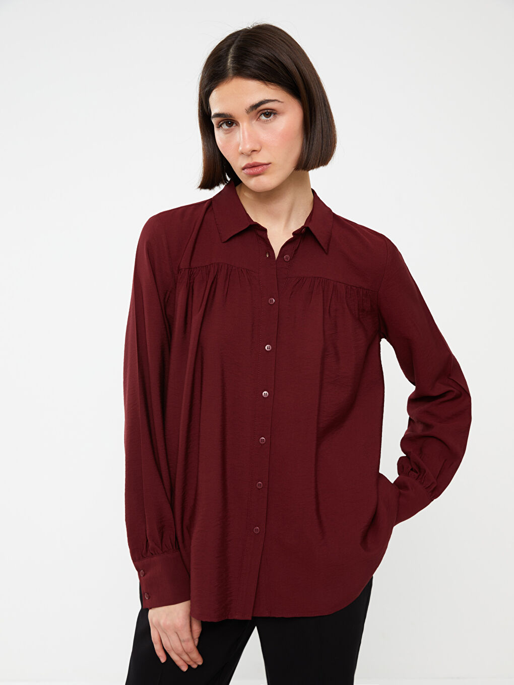 LCW Vision Bordo Düz Uzun Kollu Oversize Kadın Gömlek
