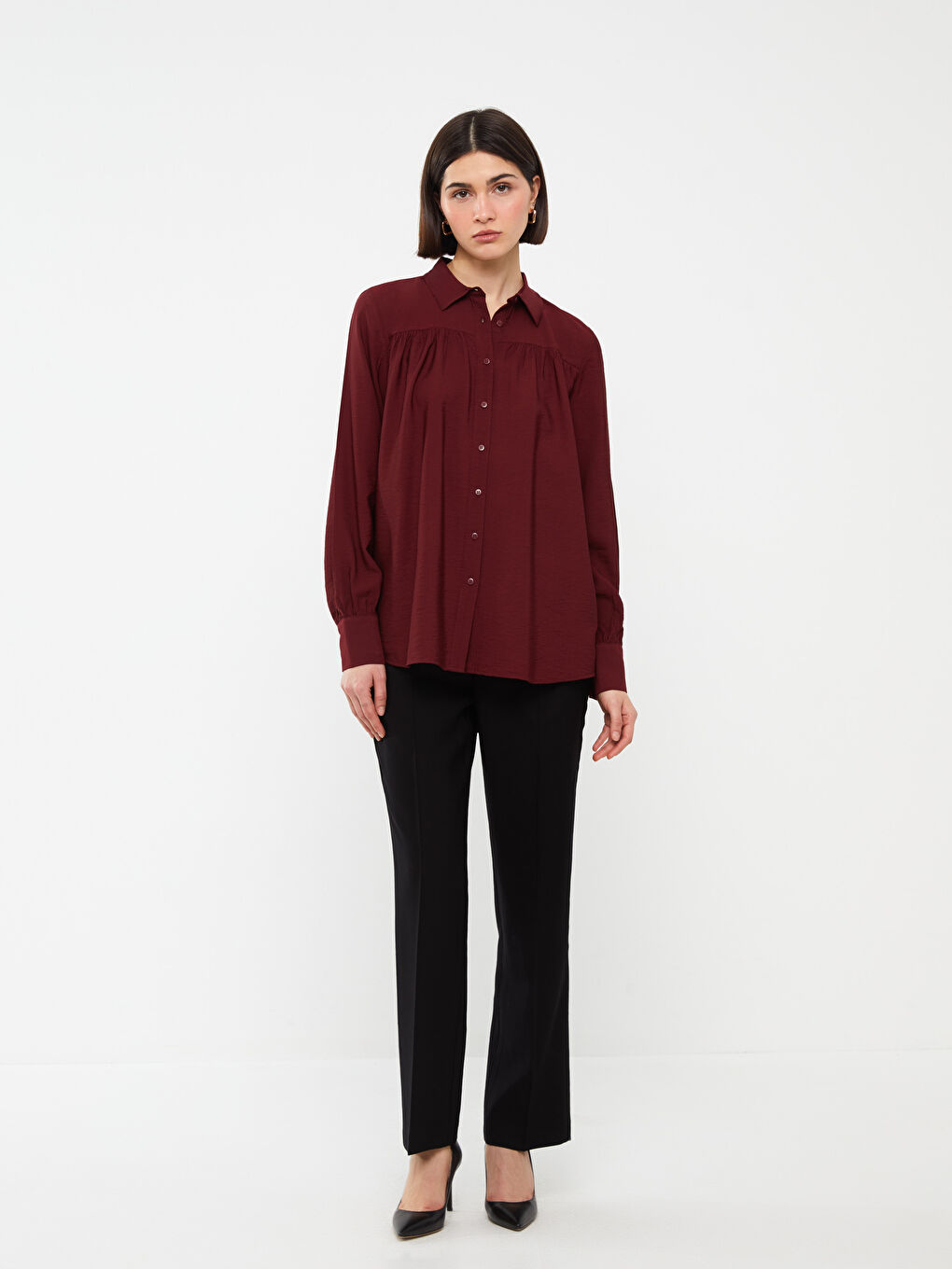 LCW Vision Bordo Düz Uzun Kollu Oversize Kadın Gömlek - 1