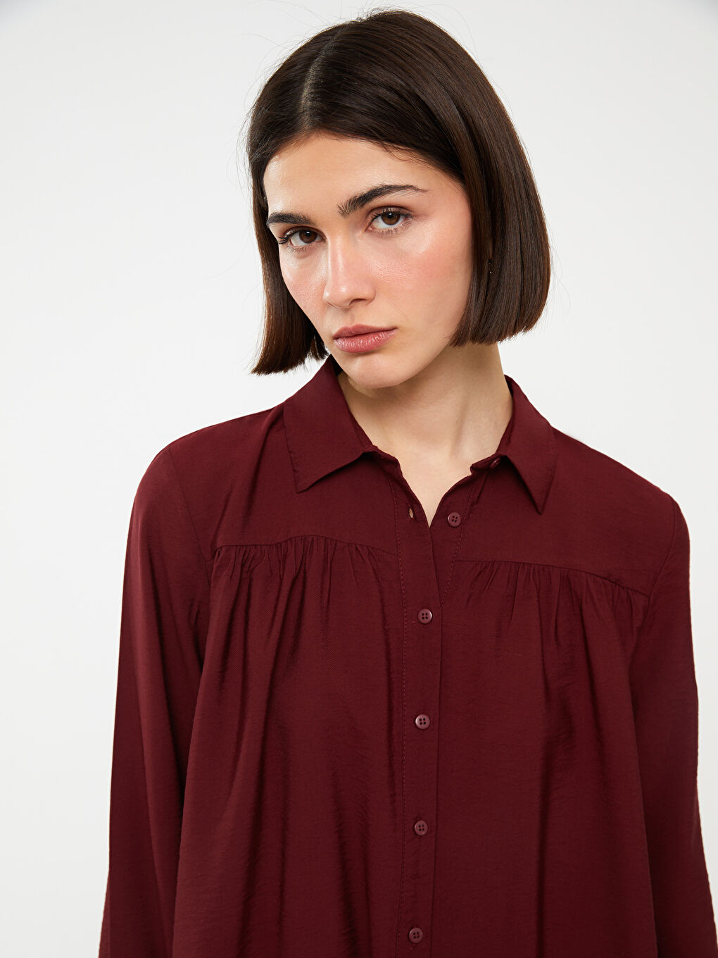 LCW Vision Bordo Düz Uzun Kollu Oversize Kadın Gömlek - 2