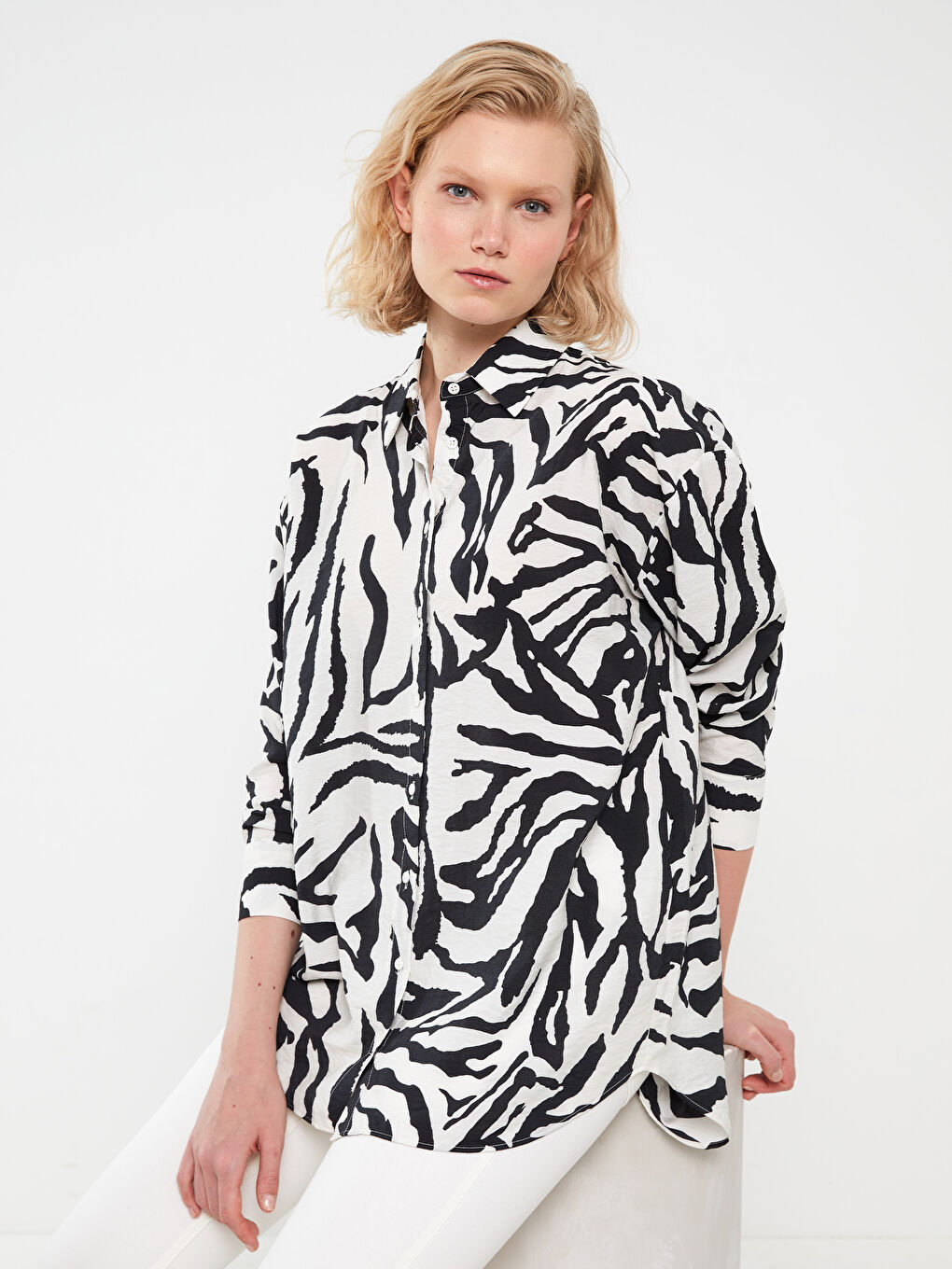 Patterned Long Sleeve Oversize Women's Shirt