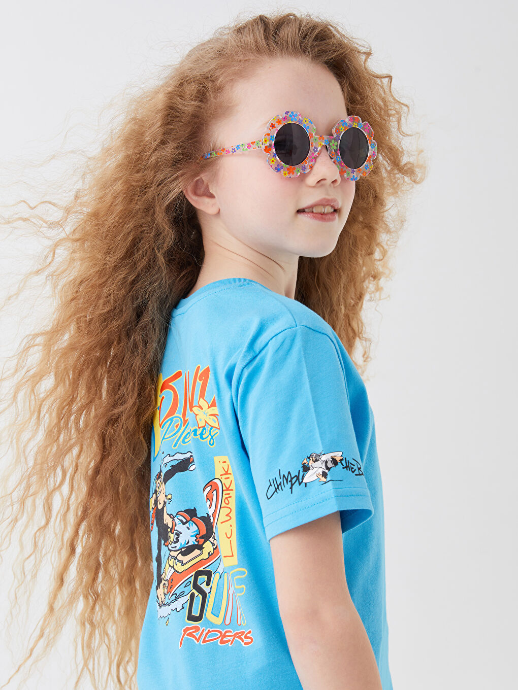 Mavi Bisiklet Yaka Nostaljik Maymun Baskılı Kısa Kollu Unisex Çocuk Tişört-4