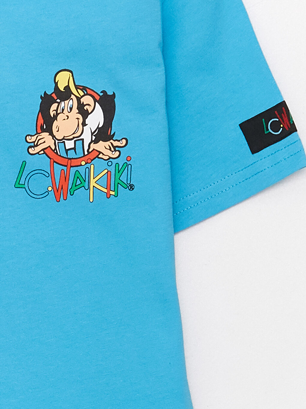 Mavi Bisiklet Yaka Nostaljik Maymun Baskılı Kısa Kollu Unisex Çocuk Tişört-10