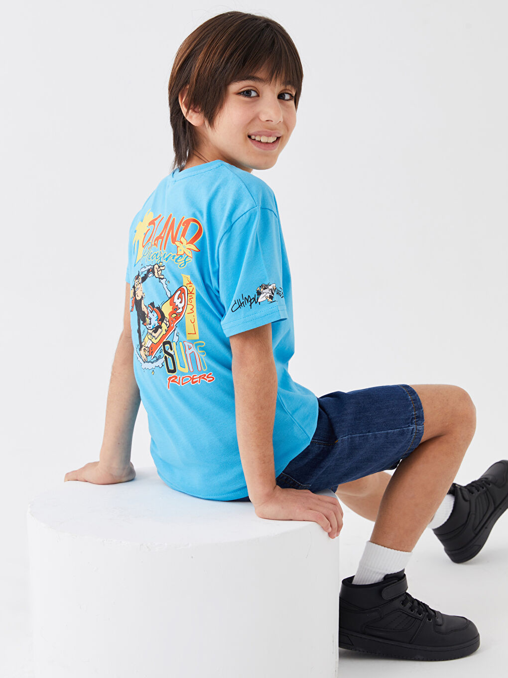 Mavi Bisiklet Yaka Nostaljik Maymun Baskılı Kısa Kollu Unisex Çocuk Tişört-3