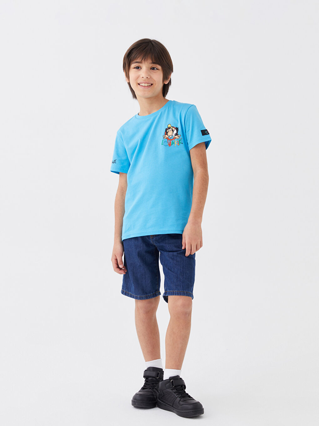 Mavi Bisiklet Yaka Nostaljik Maymun Baskılı Kısa Kollu Unisex Çocuk Tişört-6