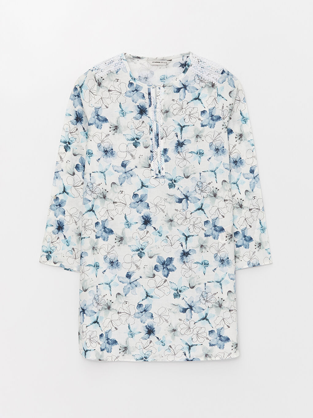 Ekru Kaçık Yaka Çiçekli Uzun Kollu Kadın Tunik-4