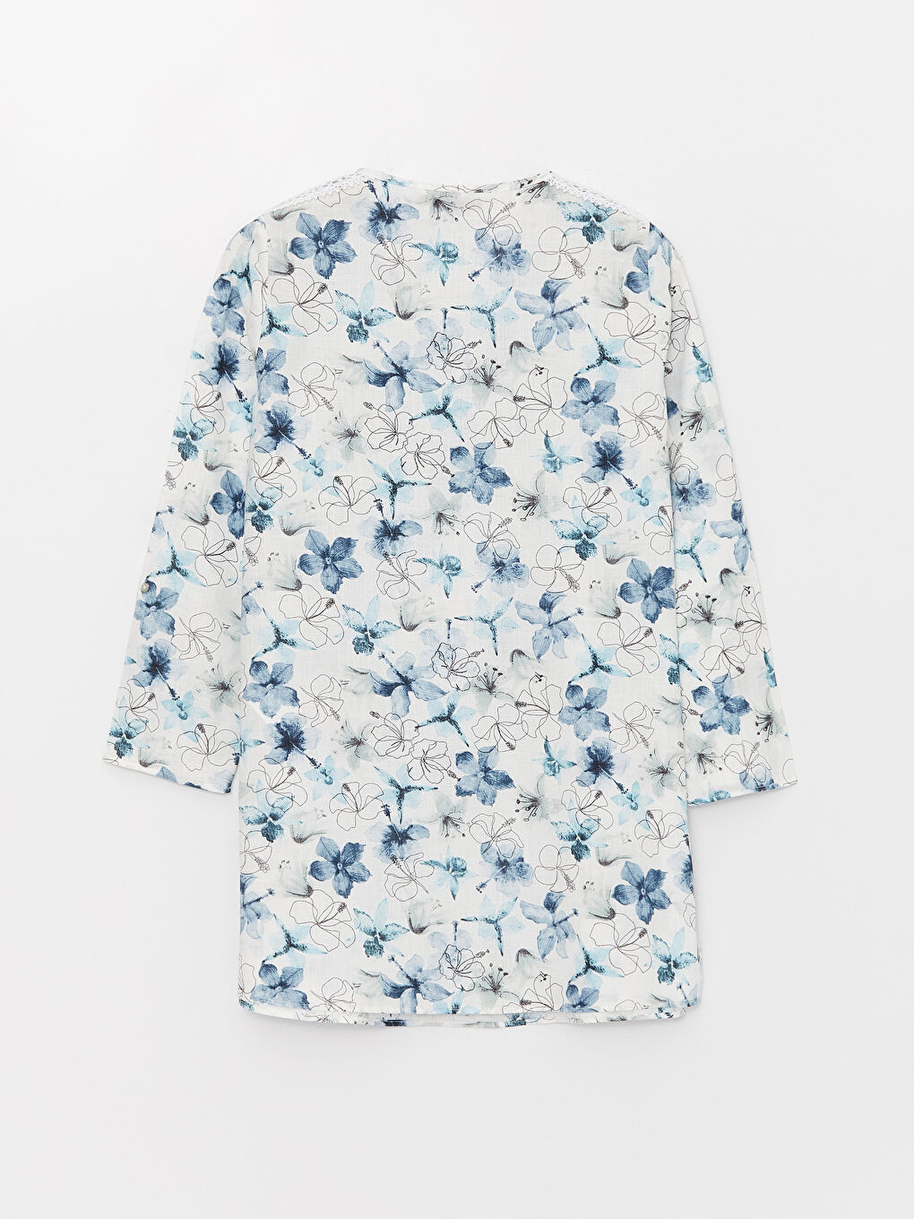 Ekru Kaçık Yaka Çiçekli Uzun Kollu Kadın Tunik-5