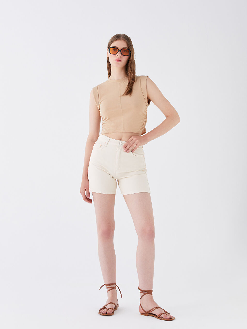 Kahverengi Bisiklet Yaka Düz Crop Kadın Atlet-2