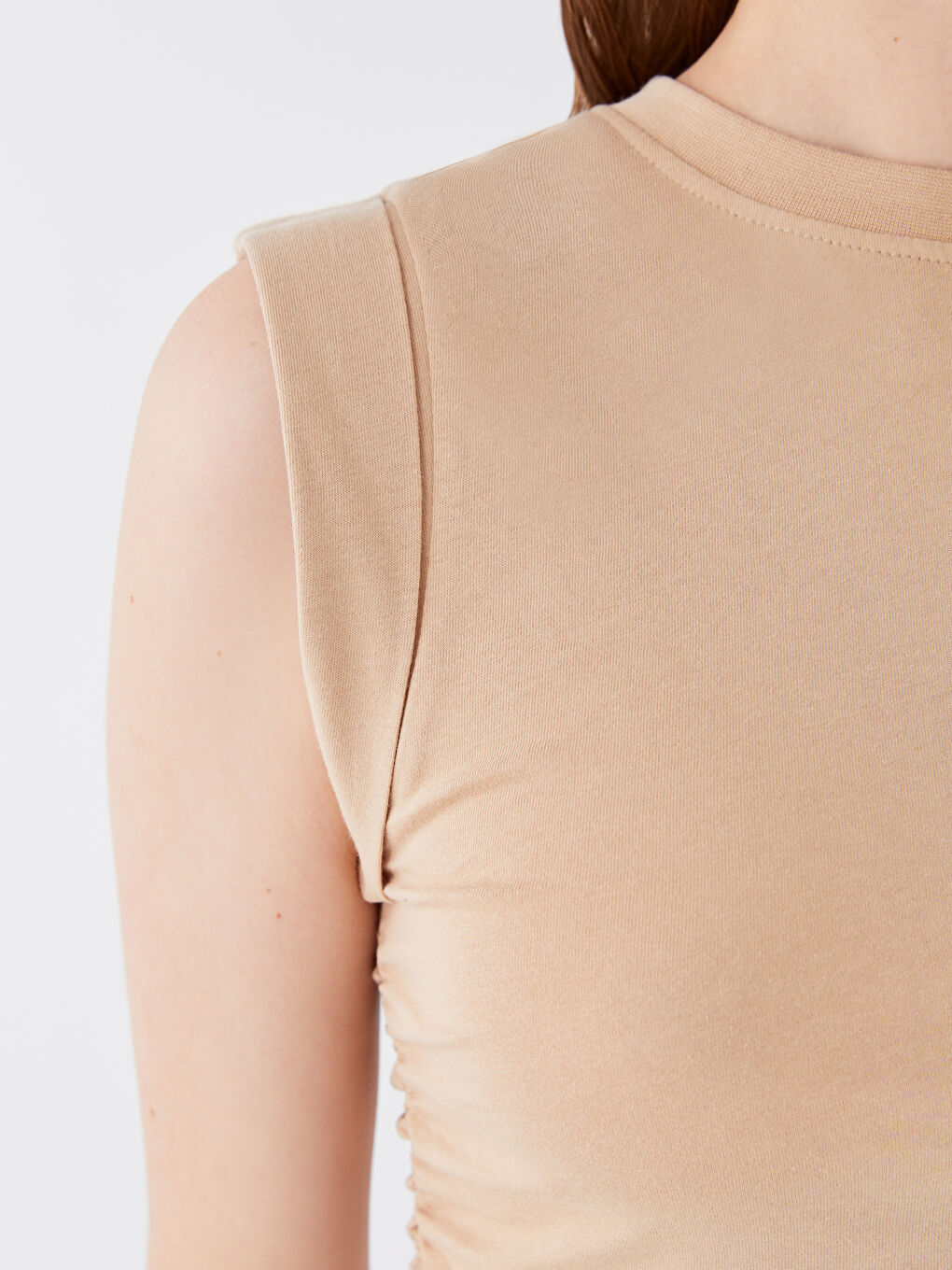 Kahverengi Bisiklet Yaka Düz Crop Kadın Atlet-3